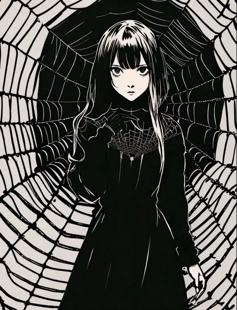 foto da cintura, altamente detalhada, of a black girl with a calm and gentle expression, usa uma roupa preta e branca, stylized as spider web patterns, decote, (homem aranha veneno) , on a dark, dynamic anime-style background with contrasting colors and sh...