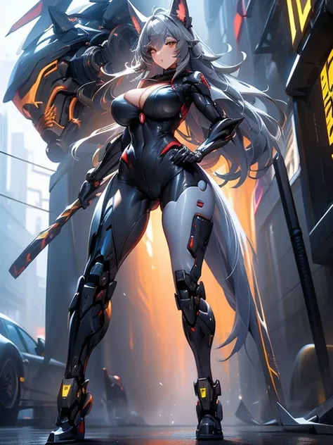 (masterpiece), (best quality:1.4), (perfect anatomy:1.4), high quality, expressive eyes, full body, tall girl, detailed face, beautiful face, perfect face, breasts, cleavage, gloves, huge breasts, cyberpunk, (black armor), long hair, ((tanned skin)), strai...