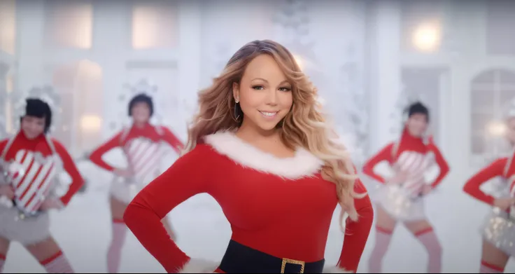 Mariah Carey in a red Santa suit posing for a photo. joyful smile, Holiday season, Happy one frame, She is facing the camera, Giddy smile, Filtered image, santa, Close up, Music video, , Fanart, HD shot, joy, Making a music video, 4k still