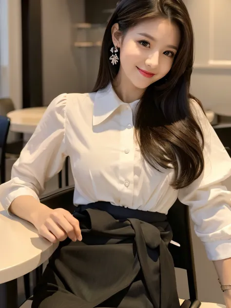 ((Top quality, 8K, Masterpiece: 1.3)), Beauty, Pure, Melon face, Kind and cute, Sweet smile, Pure desire, Slender body, ((Front)), (Tilted head), ((Looking at camera) )), wearing a business suit and short skirt, black silky long hair, long flowing shoulder...