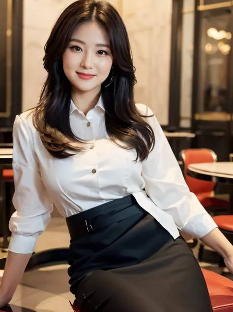 ((Top quality, 8K, Masterpiece: 1.3)), Beauty, Pure, Melon face, Kind and cute, Sweet smile, Pure desire, Slender body, ((Front)), (Tilted head), ((Looking at camera) )), wearing a business suit and short skirt, black silky long hair, long flowing shoulder...