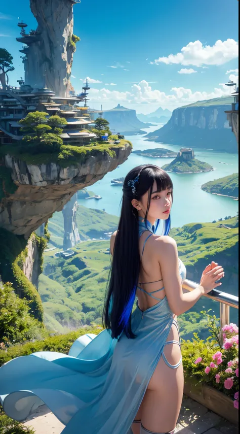 , retro cyberpunk landscape,futuristic fantasy,Panoramic distant view,Back shot of a quasi-JK girl from a distant ,Dress and reveal,fanciful motives,nffsw,watercolor paiting,Cainielsen and Möbius、Inspired by Manabu Ikeda and Hokusai,The ultimate detailed b...