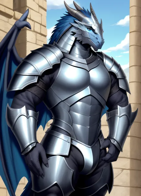 male, anthro, muscle, kemono, dragon, solo, blue body, 2 wings, knight, knight armor, armor covers covers his chest, (Armor that covers almost his entire body) muscular body, medieval castle, detailed eyes, front view. A Dragon knight wearing magnificent s...