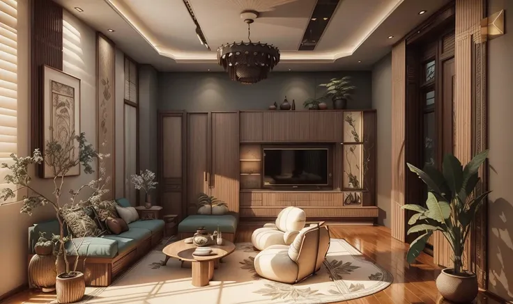 Interior design living room floor plan，Southeast Asian style decoration，HD display，a 3D render、cozy indoor lighting、ultra - detailed、cinematic ligh，morning，There are furniture and windows，8K