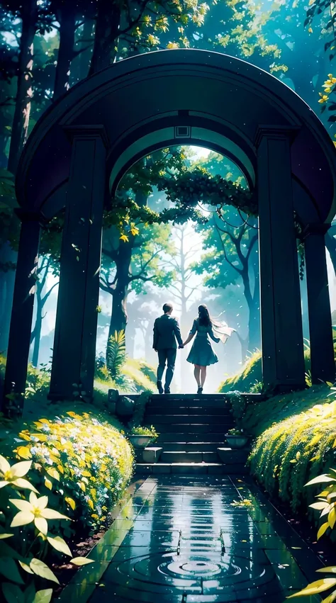 A stunningly detailed sacred stargate portal hidden within a lush, enchanted forest, with a man and woman walking hand in hand towards it, bathed in vibrant natural lighting. The scene is whimsical and atmospheric, with fantastical elements that transport ...