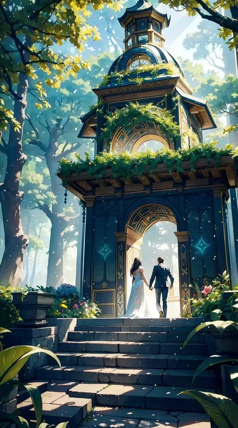 A stunningly detailed sacred stargate portal hidden within a lush, enchanted forest, with a man and woman walking hand in hand towards it, bathed in vibrant natural lighting. The scene is whimsical and atmospheric, with fantastical elements that transport ...