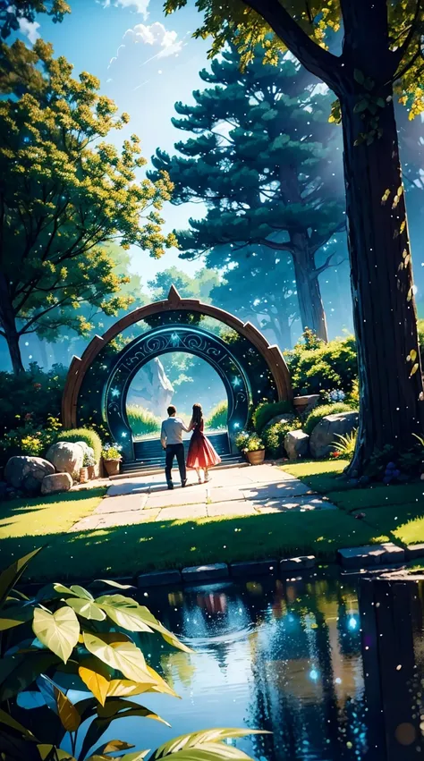 A stunningly detailed sacred stargate portal hidden within a lush, enchanted forest, with a man and woman walking hand in hand towards it, bathed in vibrant natural lighting. The scene is whimsical and atmospheric, with fantastical elements that transport ...