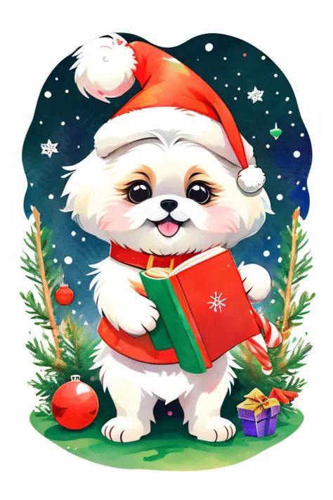 3D vector art、Colorful cute white pekingese dog、Wearing a Christmas hat and holding a book。, cute christmas present, Ultra-realistic high quality,  Cute and quirky, Fantasy Art, Watercolor effect