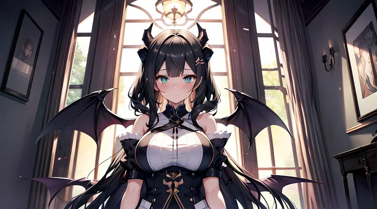 a demon queen, (demon horns, black hair, detailed hair, green eyes, beautiful eyes finely detailed), pixiv contest winner, seria...