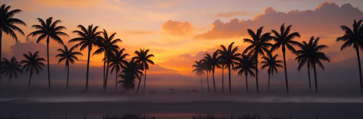 Vista arafed de una playa con palmeras y una puesta de sol., Atardecer en las nubes, Volumetric clouds and fog, Ambiente tropical, Atardecer nublado, Puesta de sol brumosa, foggy volumetric light morning, Hermoso render de un paisaje, dense volumetric fog,...