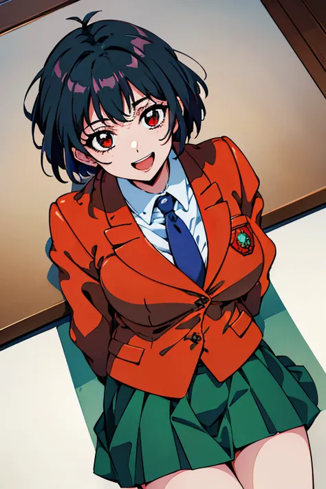 pov,(hightquality、high-level image quality、masutepiece、4K,8K)、Red Eyes,blac hair,short-hair,Lyoko, Red Eyes, Large breasts, shairband, blue necktie, Blazer, School uniform, winter school uniform, Green skirt,Happy smile,Opening Mouth