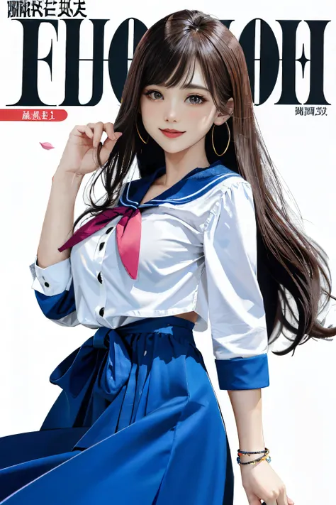 ​masterpiece, top-quality, Whole human body, 1girl in, bangss,  A dark-haired, Blue skirt, red blush, A bracelet, breastsout, Clothing around the waist, 鎖骨, shirt with collar, cowboy  shot, dress shirts, ear piercings, eyebrows visible through hair, gradat...