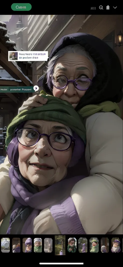 masterpiece, best quality, an old woman with glasses and a scarf on, wearing a purple coat and green scarf, standing at the park