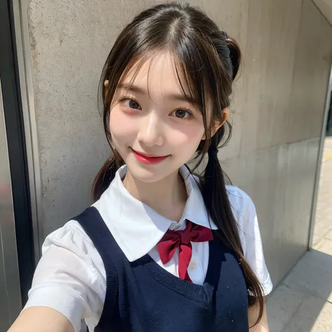 1 person beauty、Wearing school uniform、poneyTail、A smile、Selfie wind、a picture