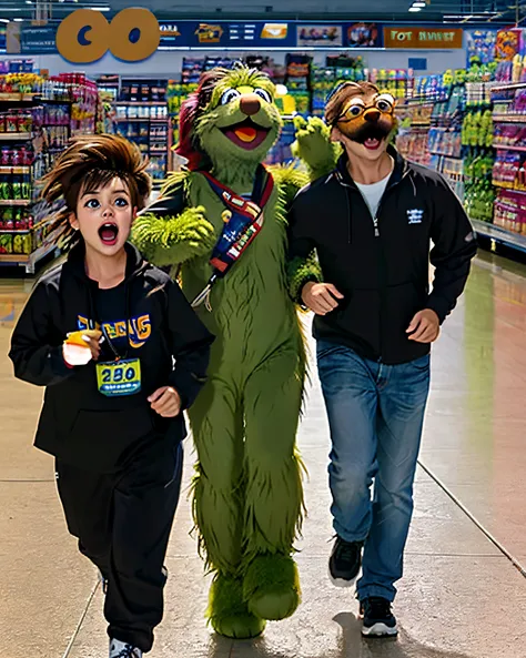 Create 3 pictures of furless muppets running around walmart