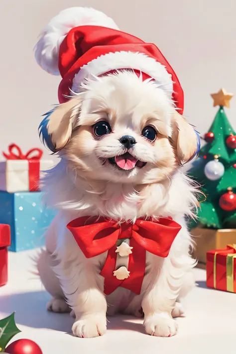 3D vector art、Colorful cute white pekingese dog、wearing a christmas hat, cute christmas present, Ultra-realistic high quality,  Cute and quirky, Fantasy Art, Watercolor effect