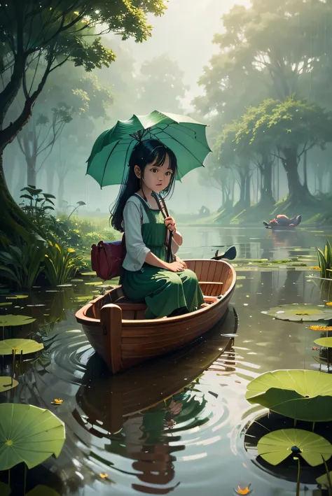 a girl sitting in a small boat, holding an umbrella, with lotus leaves floating on the pond, a forest in the distance, a grassland with small flowers, rainy weather, little swallows, soft colors, delicate gloss, cartoon style, high quality, 8k