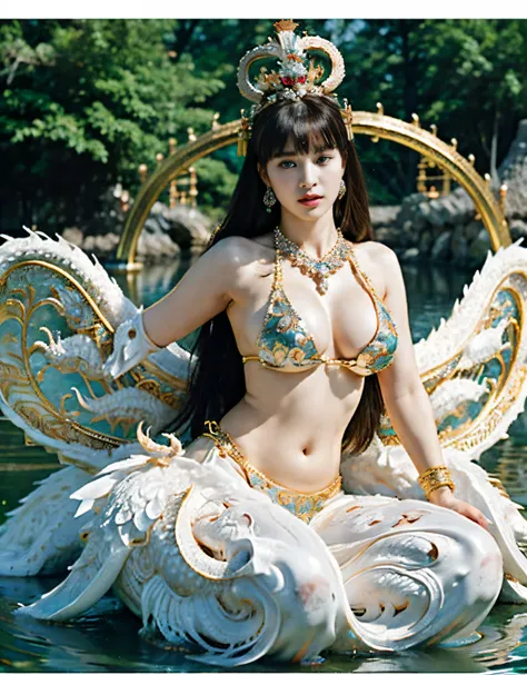 (heavy breasts)、top-quality、​masterpiece、超A high resolution、（Silver Dragon Armor）、(((Colossal tits))),dragon armor、(((large floral ornament on the head))),(((Detailed Micro Bikini))),(Wearing a beautiful crown made of jewels),(Photorealsitic:1.4)、Raw photo...