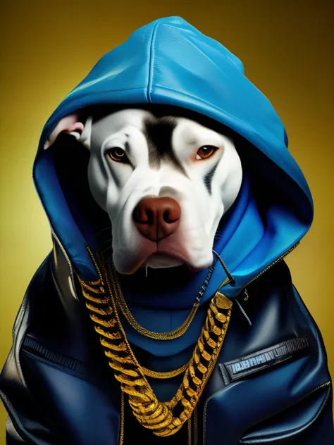 BlackholeEngine A Pitbull dog wearing a blue hood and a chain around its neck