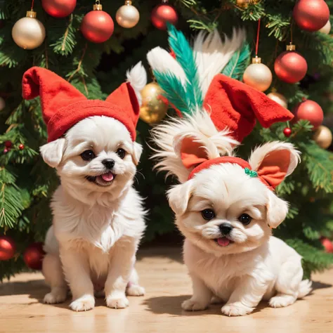 3D vector art、Colorful cute white pekingese dog、wearing a christmas hat, cute christmas present, Ultra-realistic high quality,  Cute and quirky, Fantasy Art, Watercolor effect