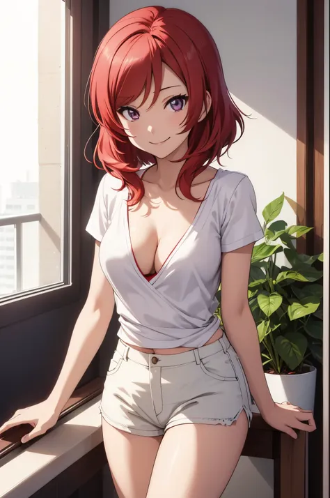 nishikino maki, white t-shirt, slightly exposed cleavage,red hot small shorts, smile,in balcony