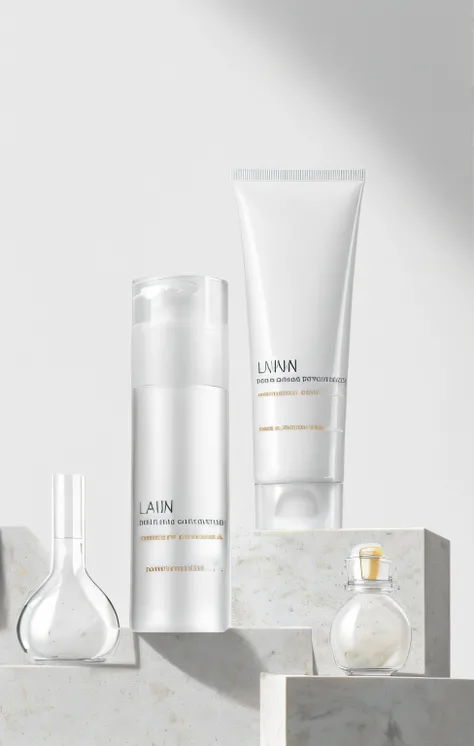 There are three bottles of cosmetics and a glass vase on the shelf, Fair, smooth and translucent skin, Fair and translucent skin, you were before, The lines are clear and smooth, Lungen, high quality topical render, clean face and body skin, Milky skin, pr...