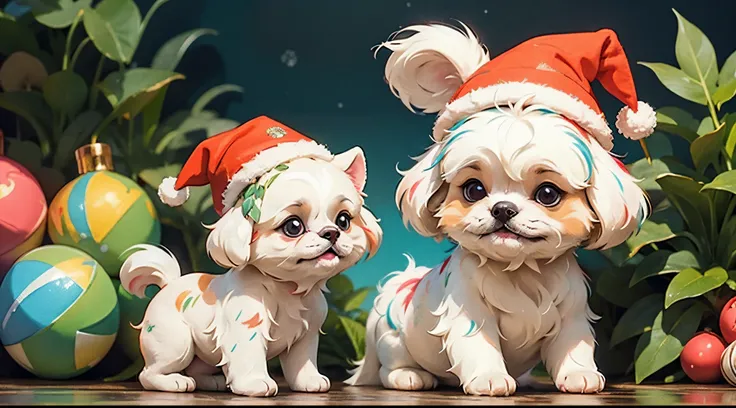 3D vector art、Colorful cute white pekingese dog、wearing a christmas hat, cute christmas present, Ultra-realistic high quality,  Cute and quirky, Fantasy Art, Watercolor effect