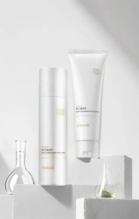 There are three bottles of cosmetics and a glass vase on the shelf, Fair, smooth and translucent skin, Fair and translucent skin, you were before, The lines are clear and smooth, Lungen, high quality topical render, clean face and body skin, Milky skin, pr...