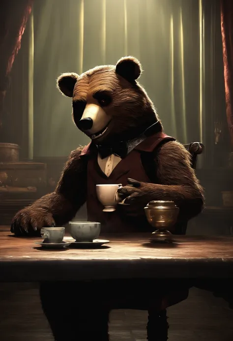 The creepy animatronic bear is sitting at a table in a dimly lit room, holding a teacup with its clawed paw, with a sinister grin on its face.,Five Nights at Freddys,freddy fazbear