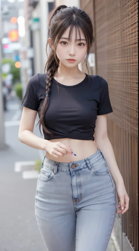 Japan Women,beautiful girlfriend,a beauty,Raw foto,8K,Gray T-shirt and jeans miniskirt,((poneyTail,Trailing hair)),Brown hair,A detailed face,Detailed skin,Detailed eyes,(Slim body:1.3),petite girl in,About 23 years old,evening,