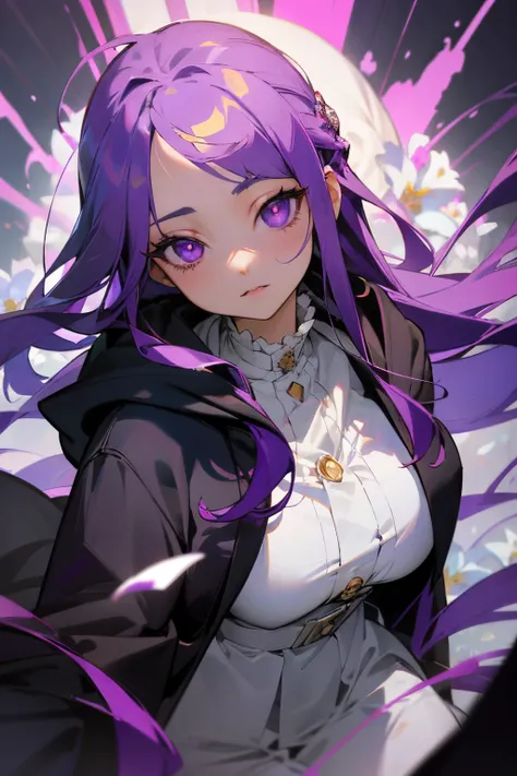 （（tmasterpiece，best quality））1 busty girl，独奏， ultra-detailed eyes，purple colored hair, long gray hair,side locks, hair adornment...