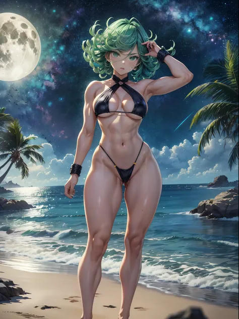 Tatsumaki de um homem de soco, cabelo verde curto, olhos verdes, peito pequeno, (((wearing bikini))), whole body view, (Standing on the beach at night with starry sky and full moon), (((pernas musculosas))), cintura fina, muscle in the stomach, bunda grand...