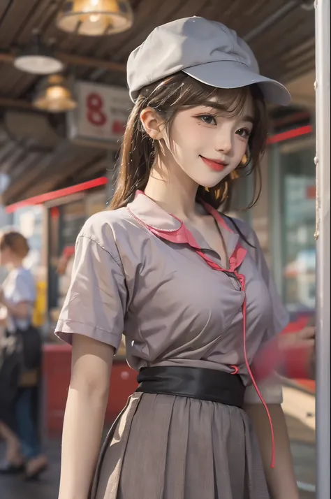 Illustration of an office lady wearing a tight miniskirt during lunch time, stand in front of a food truck, carefully choosing her meal from the menu. Capture scenes with great attention to detail, Introducing her calm demeanor and the diversity of the kit...