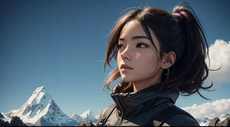 A woman with a backpack,1人の女性，Lateral face，standing on top of a mountain，3/4 back sideways,Look at the mountains ahead, Hair color, hair pin,  Long eyelashes, cover their ears,  Serious, face expressionless, modern, depth of fields, 电影灯光, ray traycing, god...