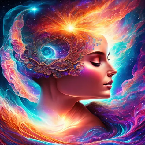 Plunge into the ether that flows with the eternal soul through the vibrations of love, Everything is connected, Flowing energy, spiritual, divine, Dreams, cosmic, concept-art, Blowing the Mind, Female beauty, god, Pineal gland, dreamlikeart