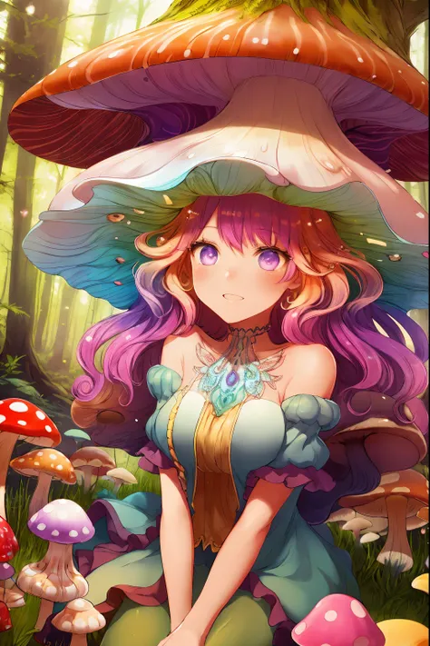 (a girl with) mushroom on head, detailed curly hair, colorful mushrooms all over, vibrant colors, fantasy style, ethereal lighting, best quality, ultra-detailed, dreamy atmosphere, magical forest background, whimsical, surreal scene.