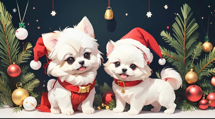 3D vector art、Colorful cute white pekingese dog、wearing a christmas hat,The collar has a bell、 cute christmas present, Ultra-realistic high quality,  Cute and quirky, Fantasy Art, Watercolor effect