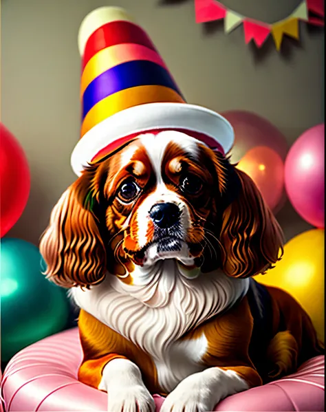 Tri colored cavalier King Charles spaniel wearing a birthday hat at a party