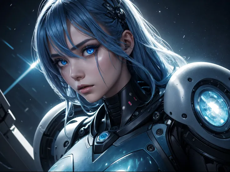 On a desolate alien planet, Robot beauty is traveling, blue liquid dripping from body, Colorful hair, hair pin, vacant eyes, eyeballs, Long eyelashes, Serious, face expressionless, modern, depth of fields, 电影灯光, Ray traching, god light, hyper HD, 4K, Best ...