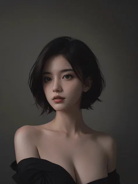 Best quality, masterpiece, ultra high res, (photorealistic:1.5), raw photo, 1girl, offshoulder, in the dark, deep shadow, low key, cold light, sexy look, short hair