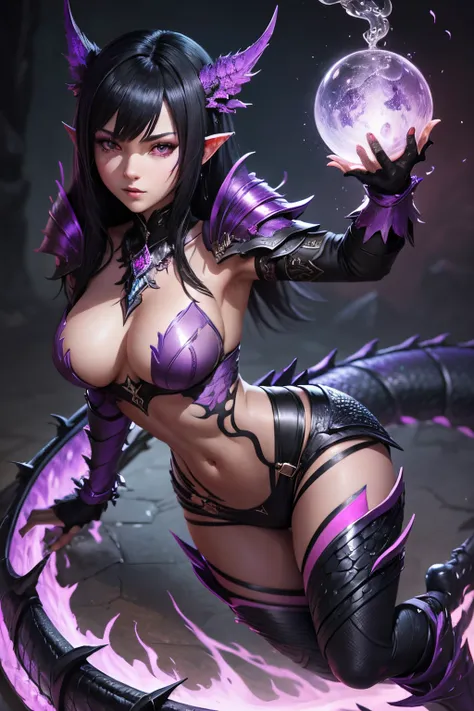 black hair beautiful purple dragon girl with pink eyes, blue scale armor, skin of scales, dragon scales on skin, Aura, ffxiv, black leggings, full body