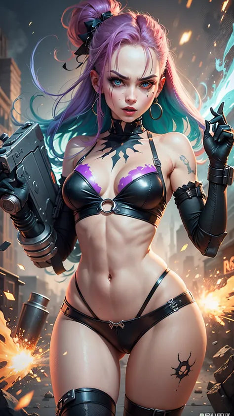 "Visualiza a Jinx con sus armas en mano, lista para el caos. Details the wild expression on his face, the gleaming weapons and the vibrant atmosphere of chaotic energy that surrounds her. Capture the dynamic and rebellious essence of Jinx in this visually ...