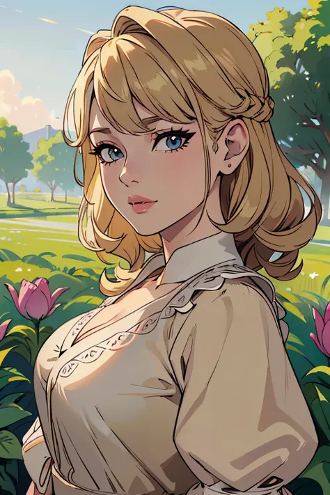 (master part:1.2), (best quality:1.2), olhos perfeitos, rosto perfeito, perfect lighting, 1girl, mature female in a field, medium blonde hair, curly hair, roupas detalhadas, fundo exterior detalhado, maquiagem, sombra, bushy eyelashes, fantasia, Looking at...