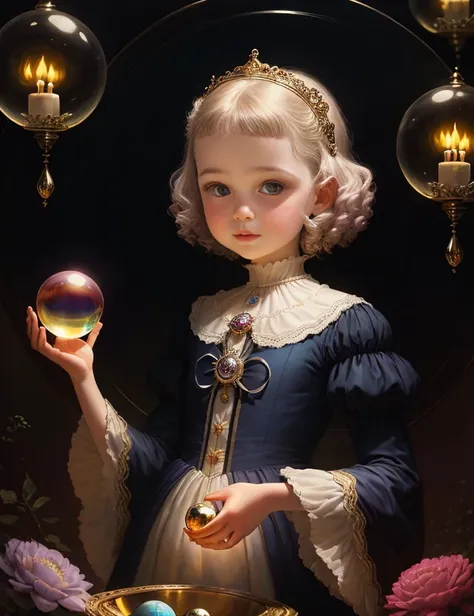 a close up of a child holding a crystal ball in her hands, benjamin lacombe, heather theurer, inspired by Victor Nizovtsev, magical realism bizarre art, by Victor Nizovtsev, rob rey, inspired by James C. Christensen, annie stegg gerard, a stunning young et...