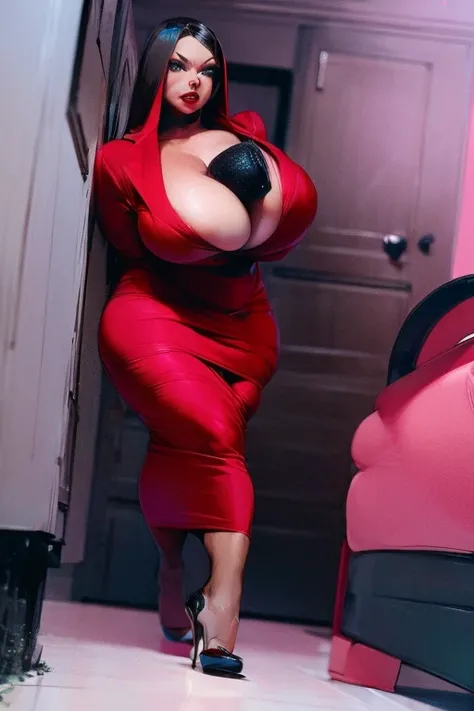 disgusted look, angry, busty, big breasts, massive breasts, pov eye contact, thicc, cleavage, red lipstick, sagging breasts