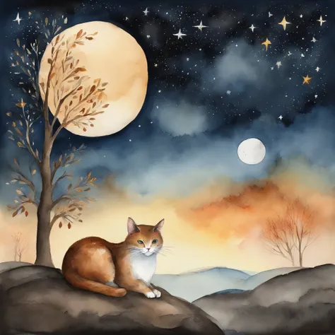 Clouds and trees々A starry sky with a warm moon featuring a reddish-brown cat as the main character