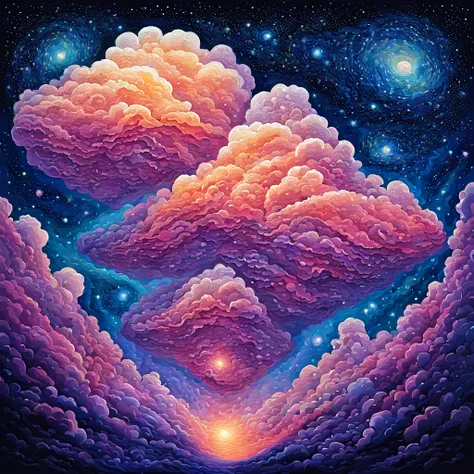 Xyx Minor is a cloud-like Dream Creature from Arderial which commonly occur in pairs, masterpiece, best quality, background vivid night sky, in pointillism art style