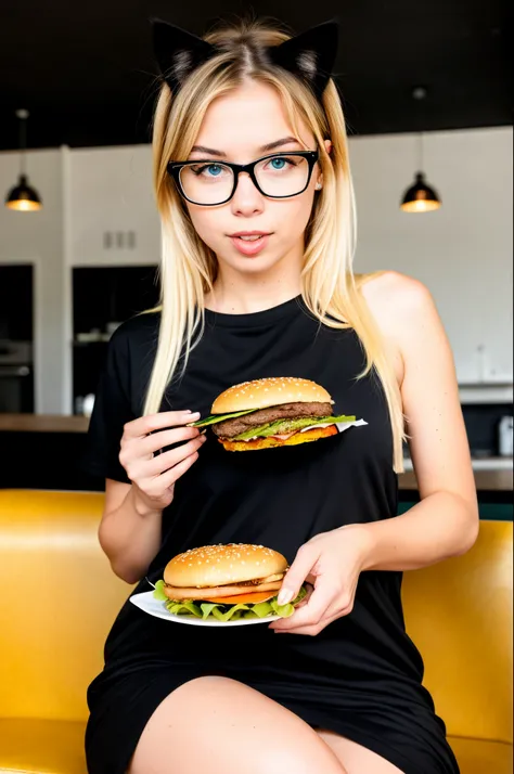 Blonde blue eyed cat girl with black glasses and all black clothes eating a burger