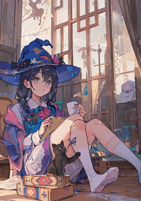 high qulity, The is very detailed. girl, Witch hat, High socks, leges, nerds, kawa, catss, aesthetic lighting, good lighting, Luzes Realistas, Good composition, Good shadows, good shadow composition, Monasta Convention