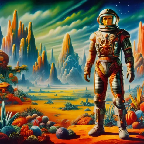 painting of a man in a space suit standing in a desert, style of jim burns, retro sci - fi art, style of tim hildebrandt, standing on a martian landscape, inspired by Tim Hildebrandt, vintage sci - fi art, dan mcpharlin, 7 0 s sci - fi art, retro 1 9 6 0 s...